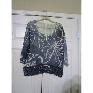 Chico's Womens Sweater Size Medium Blue White Floral 3/4 Sleeve